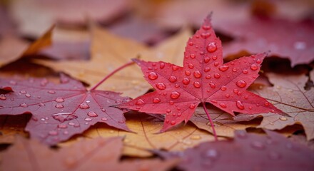 Vibrant red autumn leaf covered in raindrops. Close-up of wet maple leaves on ground. Fall season nature background