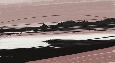 Abstract landscape illustration in minimalist style. Modern digital painting of natural scene with dusty rose sky and water reflections. Expressive gestural sketch background