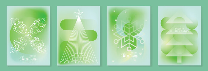 Obraz premium Merry Christmas and Happy New Year vector greeting card set with gradient background snowflake and tree elements. Festive modern design for holiday poster banner invitation and background.