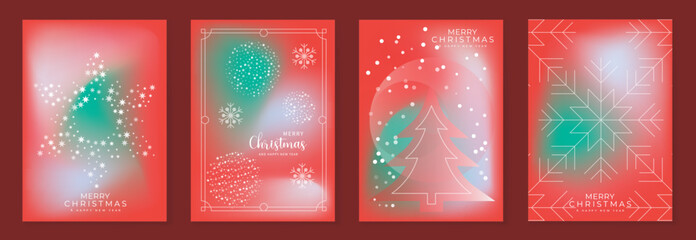 Fototapeta premium Merry Christmas and Happy New Year vector greeting card set with gradient background snowflake and tree elements. Festive modern design for holiday poster banner invitation and background.