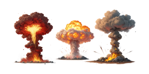Three nuclear explosions in different stages of eruption isolated on transparent background