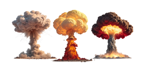 Three atomic bomb explosions in various stages of detonation isolated on transparent background