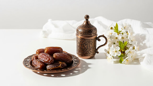 Dried dates in a decorative metal plate and a copper cup with cherry blossoms on a white background