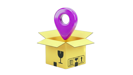 Delivery Location: Purple Map Pin on Open Box - Logistics Concept