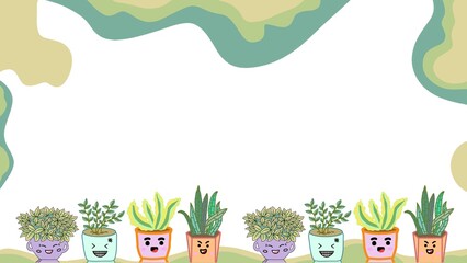Cute cartoon potted plants forming a decorative border on a white background. Flat design illustration perfect for banners, posters, invitations, kids design, nature, gardening, and eco themes.