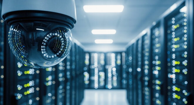 Security camera in modern data center server room. CCTV surveillance for network protection and cybersecurity concept.