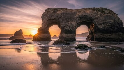 Dramatic coastal scenery with rock arches and sunset in Bandon Oregon landscape