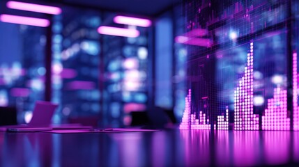 A futuristic workspace illuminated by vibrant purple lights, showcasing digital data visualization against a city backdrop.