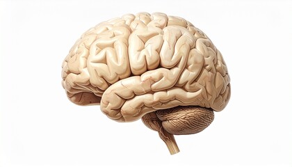 3D side view of human brain showing cerebrum, cerebellum, and brainstem