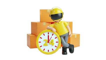 Delivery Man Leaning on Clock with 24 Hours Service