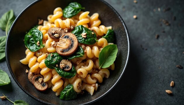 Close up shot of fusilli pasta. Served pasta dish has spinach leaves, mushrooms in black plate. Delicious pasta meal with healthy vegetable ingredients served on dark table.