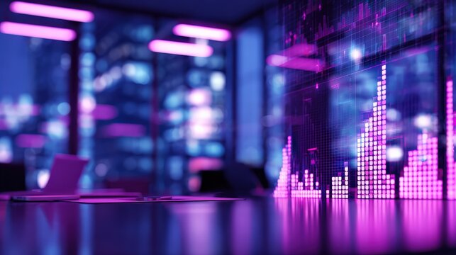 A futuristic workspace illuminated by vibrant purple lights, showcasing digital data visualization against a city backdrop. - Powered by Adobe