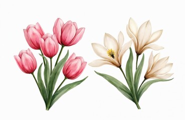 Fototapeta premium Watercolor illustration of pink tulips and creamy magnolias with green leaves on white background. Floral elements for spring greeting cards.