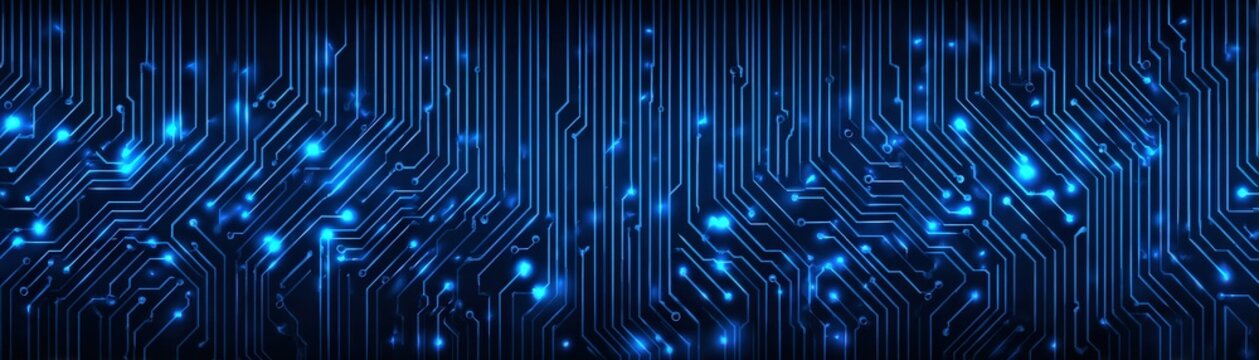 A digital circuit board design with blue lights against a dark background, illustrating technology and connectivity.