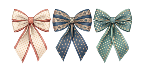 Three elegant bows with different patterns and colors on a transparent background