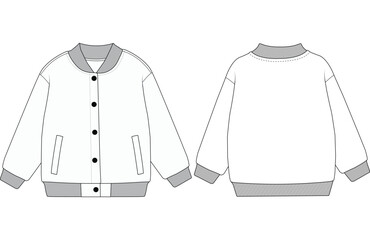Classic Varsity Bomber Jacket Vector Template &ndash; Front and Back View, Rib Collar and Cuffs