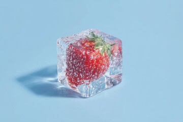 a strawberry frozen in a cube of ice on a light blue background. Fresh vitamins in winter. Nutrition concept.