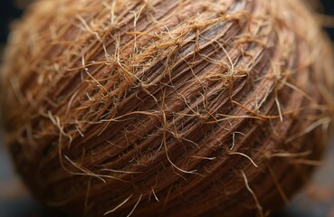 Macro closeup shows detail of coconut shell. Outer coco peel texture displays brown hairy fibers on tropical fruit. Exotic coco nut background for health, drink, food themes. Natural organic diet