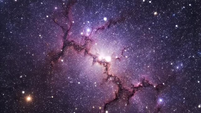 Journey through the stunning expanse of a cosmic nebula, a mesmerizing tapestry of glowing purple and pink gas clouds intertwined with dark cosmic dust and countless twinkling stars. This ethereal dee