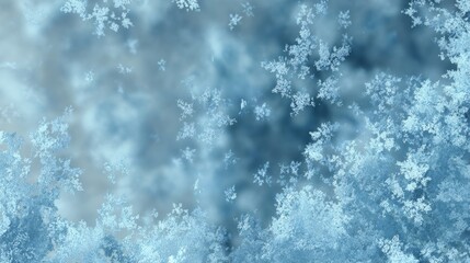 Abstract snowflakes, snowy background in icy pale blue tones, soft falling snow flakes with glowing edges, frosty crystalline texture, 3D render look.