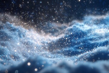 Arctic blue crystalline snowstorm with sparkling dust in motion, immersive 3D depth, dynamic holiday banner style.