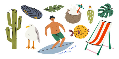 Cartoon summer cute stickers in doodle style. Summer vacation, beach season, surfing, corals. Bright groovy summer elements and shapes for patches, labels, stamps. Vector illustrations © luamor