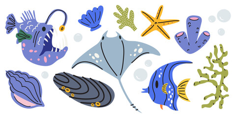 Underwater life elements in trendy cartoon doodle style. Sea life. Various sea corals, sea animals, fish, algae, seashells, slope, mussel, ocean plants, marine flora stickers. Vector illustration © luamor