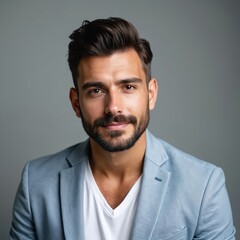 Obraz premium Young man with stylish haircut, groomed beard poses. Looks directly at camera with confident smile. Guy wears light blue blazer, white V-neck shirt. Modern studio portrait. Represents male beauty