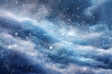 Arctic blue crystalline snowstorm with sparkling dust in motion, immersive 3D depth, dynamic holiday banner style.
