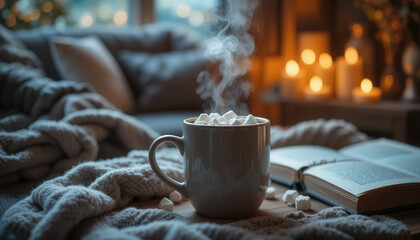 Steaming Hot Chocolate with Marshmallows and Open Book on Cozy Blanket