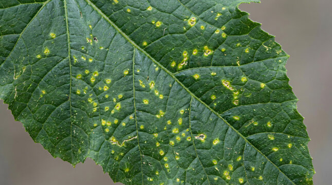 Zucchini Leaf with Yellow Pustular Lesions Indicative of Plant Disease - Symptoms may indicate plant disease or pest-related stress. Scientific reference image, neutral diagnosis.