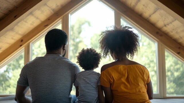 Mother, father and child looking out at nature, daylight, warm lighting, indoor living space, family time, parental bonding, wildlife observation, simple pleasures of life