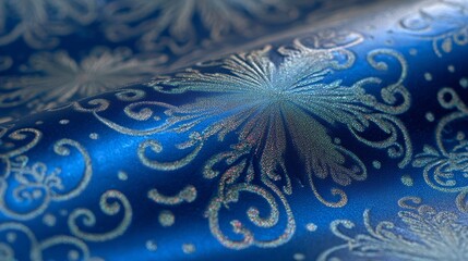 Christmas wallpaper or vinyl tablecloth blue gradient with fractal illustration, elegant snow swirl pattern, metallic shimmer highlights, detailed 3D embossed effect on fabric
