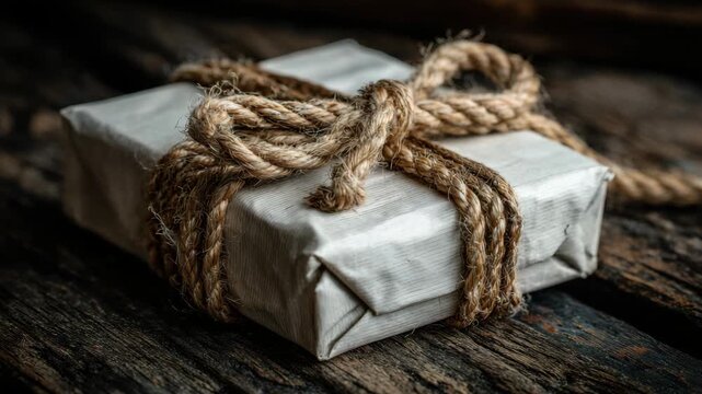 Rustic Wrapped Gift Package with Jute Twine on Dark Wood Surface in Dim Lighting