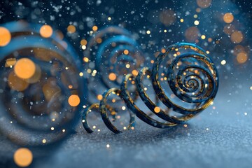 festive abstract Christmas background, golden glitter spiral with glowing gold accents hidden in snow particles, 3D festive motion concept.