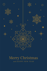 Christmas card gold line art decoration; Hanging snowflake ornament; Blue luxury vector template
