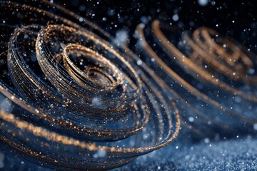 festive abstract Christmas background, golden glitter spiral with glowing gold accents hidden in snow particles, 3D festive motion concept.