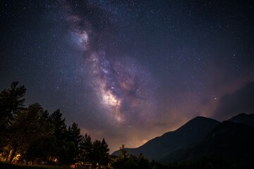 Milky way stars on a night sky spectacular view landscape. Stargazing activity on vacation. Hotel service of stargazing trip.