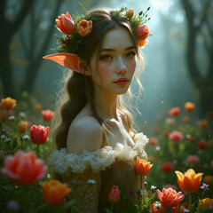 beautiful fairy in a tulip field