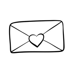 Hand-drawn paper envelope with a heart. Sending a parcel with a postcard. Outline doodle illustration of a letter.