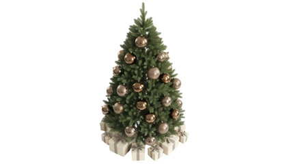 Isolated Christmas tree with bronze ornaments and presents ready for the holidays festive time