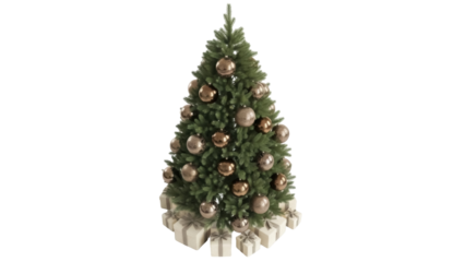 Isolated Christmas tree with bronze ornaments and presents ready for the holidays festive time