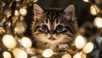 Macro Shot of Kitten Tongue Lick Action with Twinkling Lights