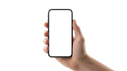 Hand Holding Modern Smartphone Mockup with Blank White Screen isolated on White Background