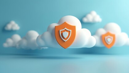 Cartoon clouds show data protection. Orange shield ensures cyber safety in cloud. Data protection from digital threat on internet. It solution security protects info in cyberspace.