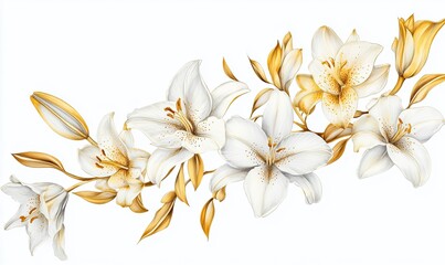 Obraz premium A white background with golden line art of lilies and orchids