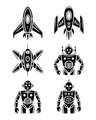 Space exploration set with rocket spaceship and robot silhouette vector