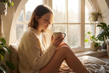 A tranquil woman in a cozy sweater enjoys a hot drink by a sunlit arched window. A peaceful, warm scene of hygge, comfort, and relaxation at home.