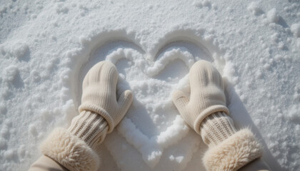 Close-up of Beige Mittens on Snow with Hand Drawn Heart