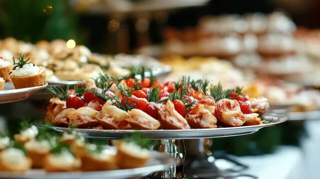 An array of beautifully decorated dessert pastries on a table, ready for serving at an event or gathering.
